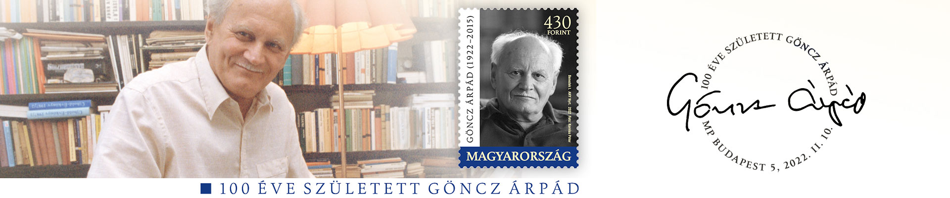 A képen Göncz Árpád és a tiszteletére készített alkalmi bélyeg látható