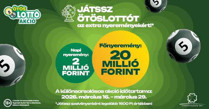 Játssz ötöslottót az extra nyereményekért! Főnyeremény 20 millió forint, napi nyeremény 2 millió forint.