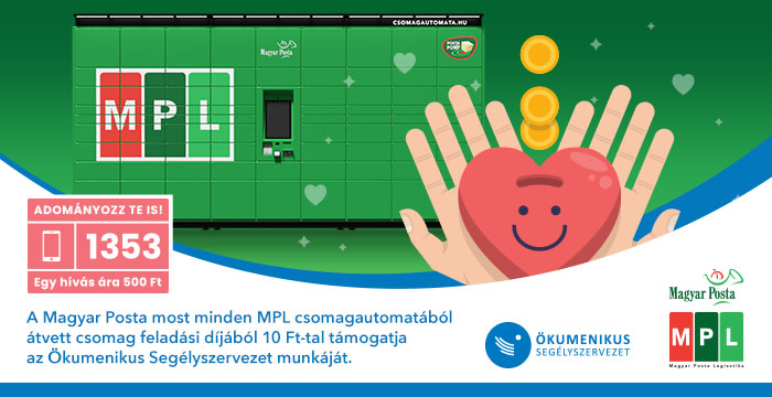 Adományozz te is! 1353, egy hívás ára 500 Ft. A Magyar Posta most minden MPL csomagautomatából átvett csomag feladási díjából 10 Ft-tal támogatja az Ökumenikus Segélyszervezet munkáját.