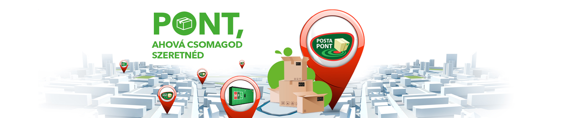 A 3d-s grafikán egy város látható, postapontokkal , illetve Pont, ahová a csomagod szeretnéd szöveggel