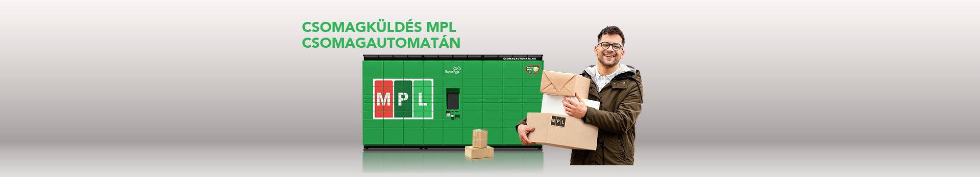 Csomagküldés MPL csomagautomatán - csomagautomata és a csomagjait átvevő férfi