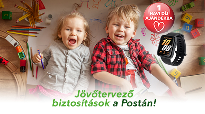 Évindító folyamatos díjas életbiztosítási akció, a képen egy boldog kisfiú és egy kislány látható, játékok között fekszenek.