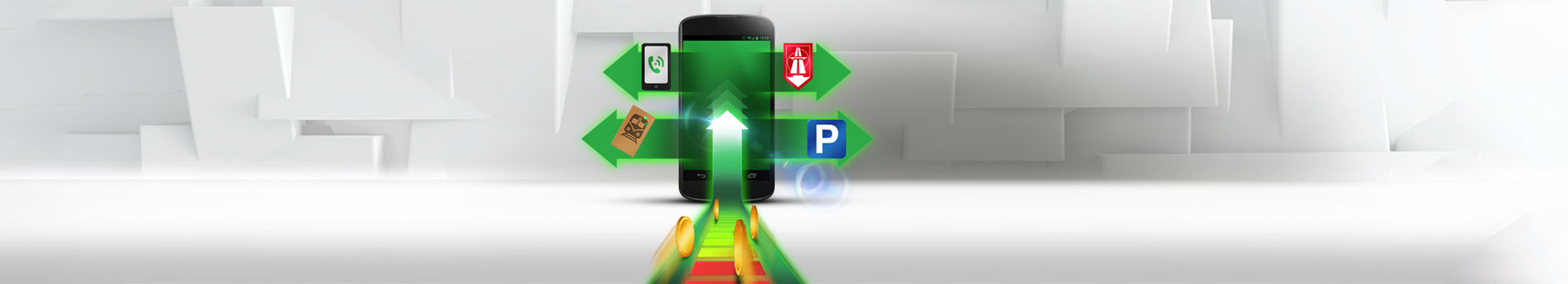 A képen egy mobil készülék látható, melyre pénzérmék gurulnak, és a parkolás, az autópálya, a telefonálás és a vonatjegy szimbóluma kapcsolódik.