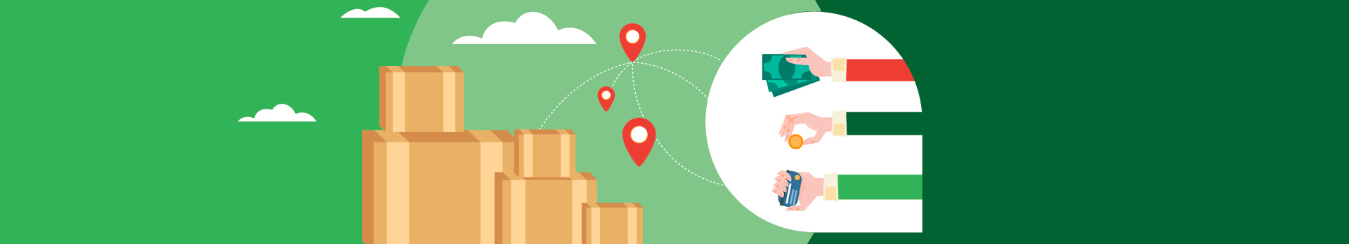 A grafikán több csomago látható, mellette egy buborékban három kéz látható, papirpénzt, aprópénzt és hitelkártyát tartva