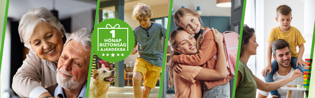 A képen egy idős házaspár, egy kutyával játszó kisgyerek, egy anyuka és kislánya illetve egy jengával játszó család látható