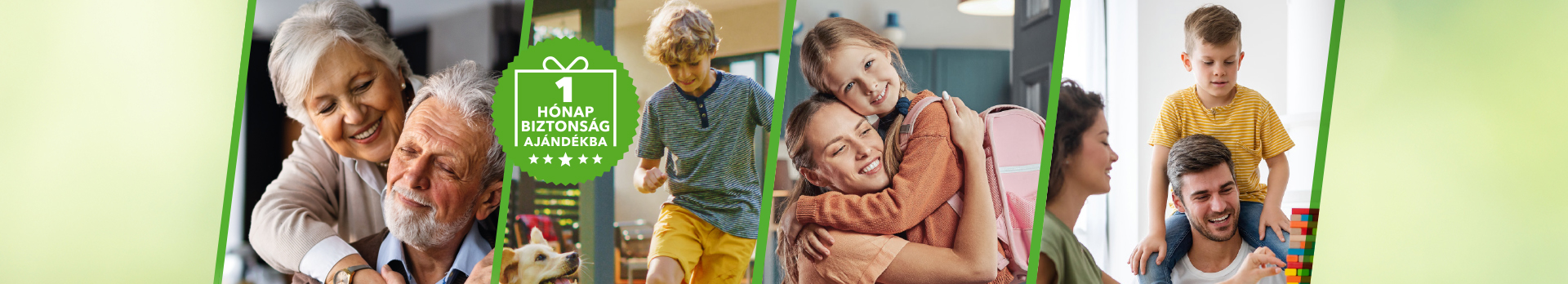 A képen egy idős házaspár, egy kutyával játszó kisgyerek, egy anyuka és kislánya illetve egy jengával játszó család látható