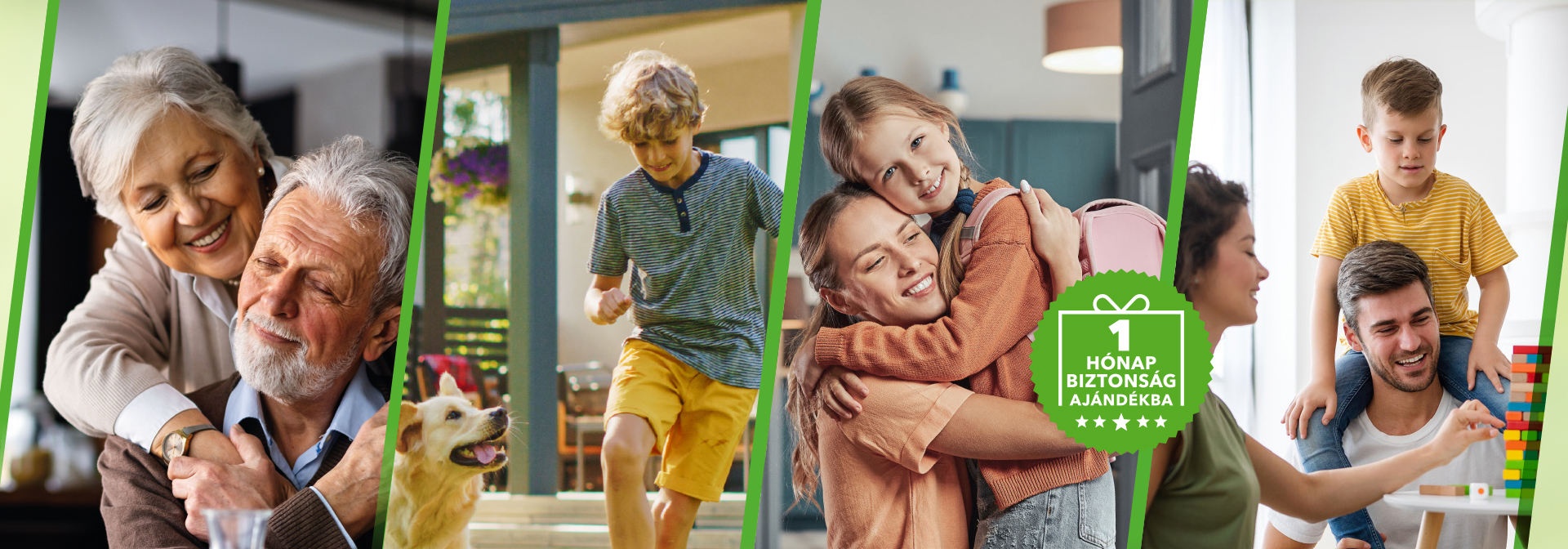 A képen egy idős házaspár, egy kutyával játszó kisgyerek, egy anyuka és kislánya illetve egy jengával játszó család látható