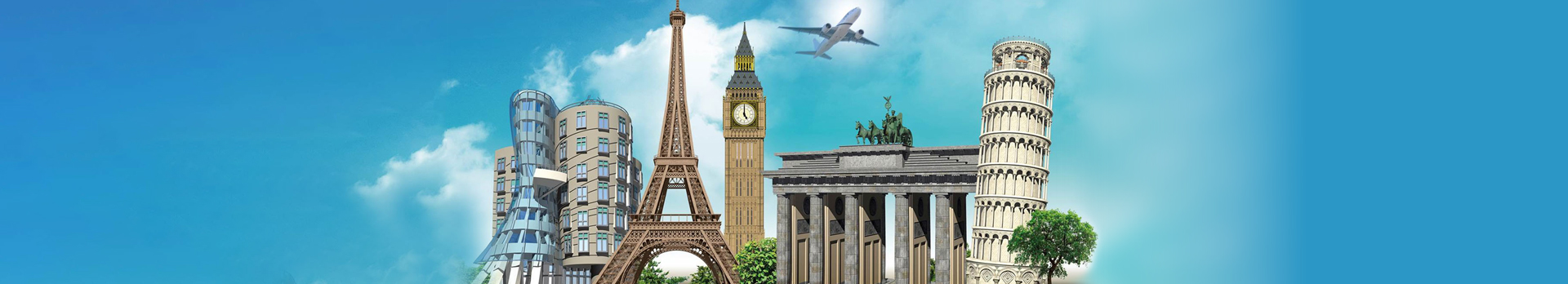 A képen különböző városok híres épületei láthatóak és felettük egy repülő.